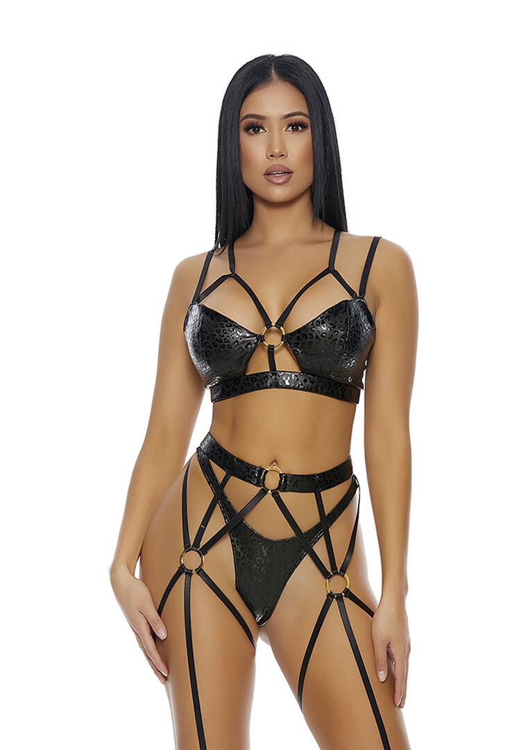 Forplay Cheetah Print Faux Leather Bra i Garter Zestaw