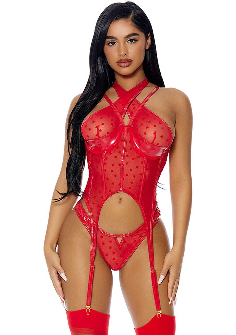 Forplay Mesh Vinyl Bustier med Garterebælte