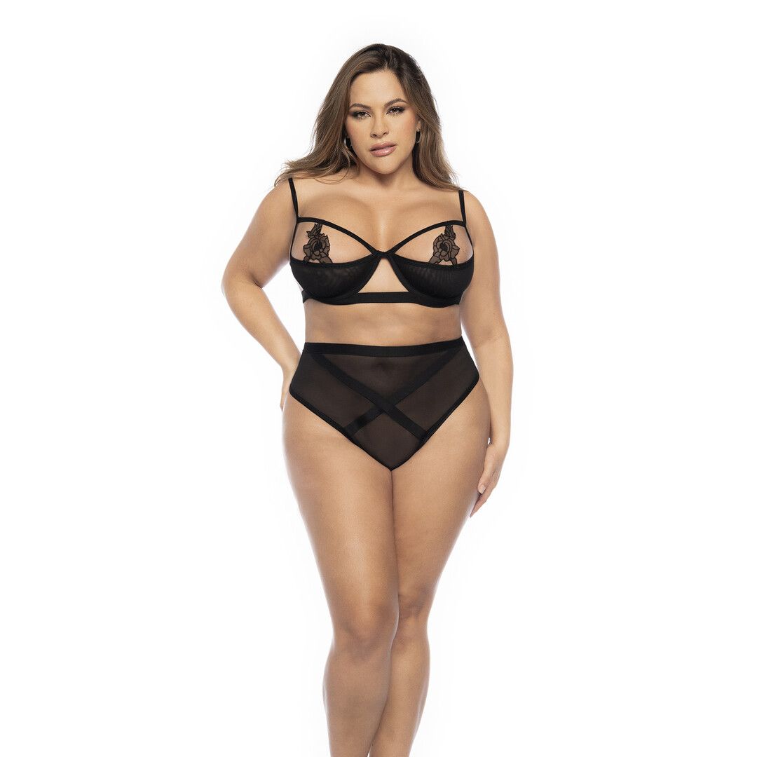 Mapalé Open-Cup Black Top with Floral Embroidered Details