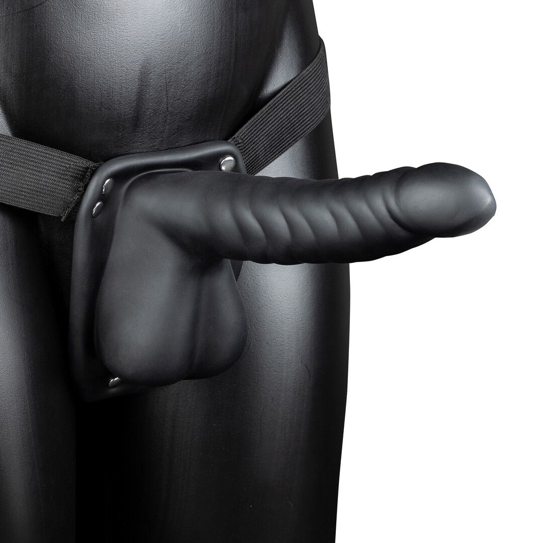 Ouch! Ribbed Hollow Strap-On with Balls, Curved Pleasure Toy