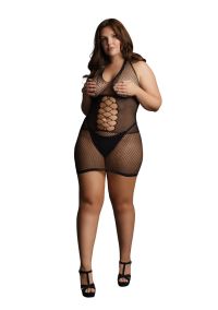 Le Désir Peek-A-Boo Fishnet Halter Dress with Lace Trim