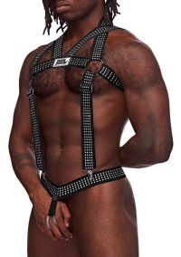Male Power musta harness metallinasteilla