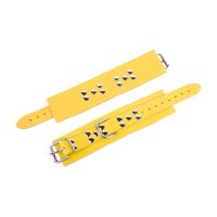 Red Leather Ultra Handcuffs in Bold Yellow, picture 2