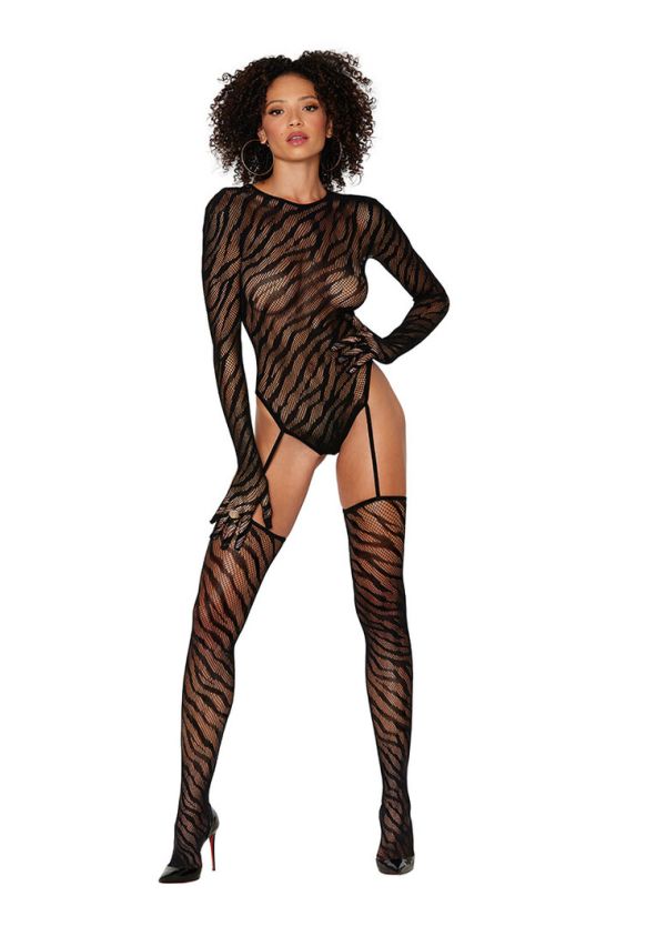 Dreamgirl Fishnet teddy med fingrar zebrä