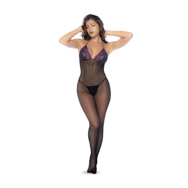 Mapalé Fishnet bodystocking med spetskupor och halterneck