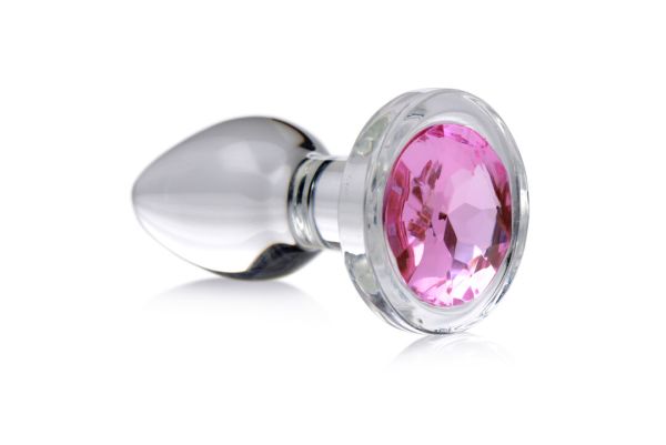 XR Brands Pink Gem Glass Plug Small - kirkasta lasia, vaaleanpunainen kivi