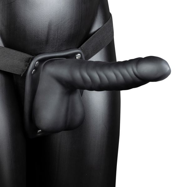 Ouch! Ribbed Hollow Strap-On with Balls, Curved Pleasure Toy
