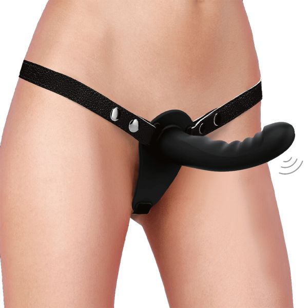 Ouch! Dual Vibrating Rechargeable Ribbed Strap-On, 10 Speed, Black