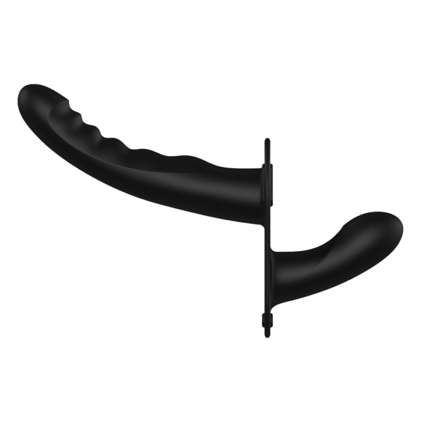 Dual Silicone Ribbed Strap-On - Adjustable - Black - Image 4