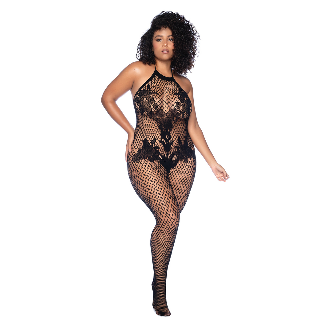 Halter and Crotchless Floral Bodystocking - Queen Size - Black