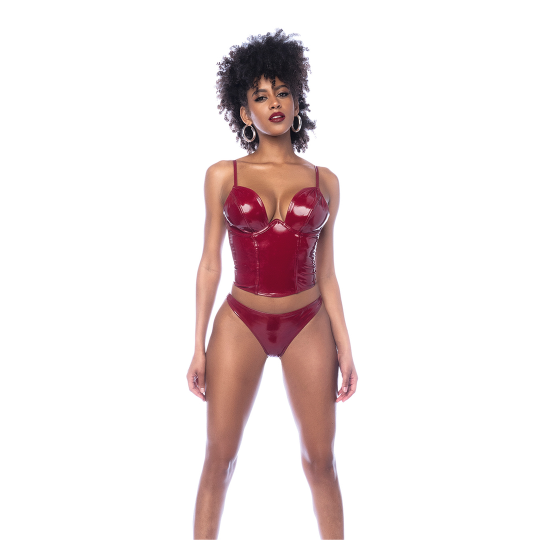 Two Piece Bustier Set - L - Gloss Wine Red