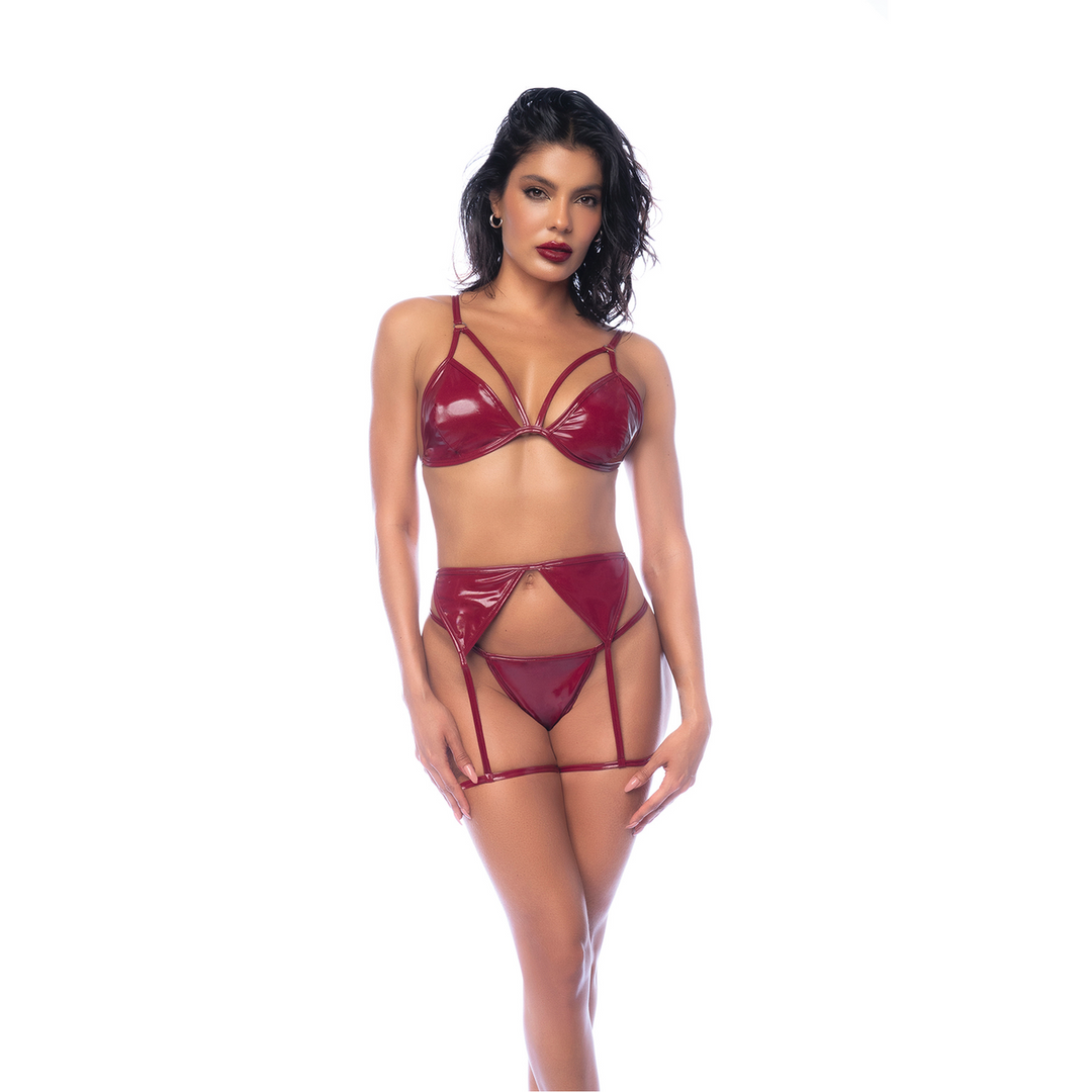 Three Piece Bra Set - M - Gloss Wine Red