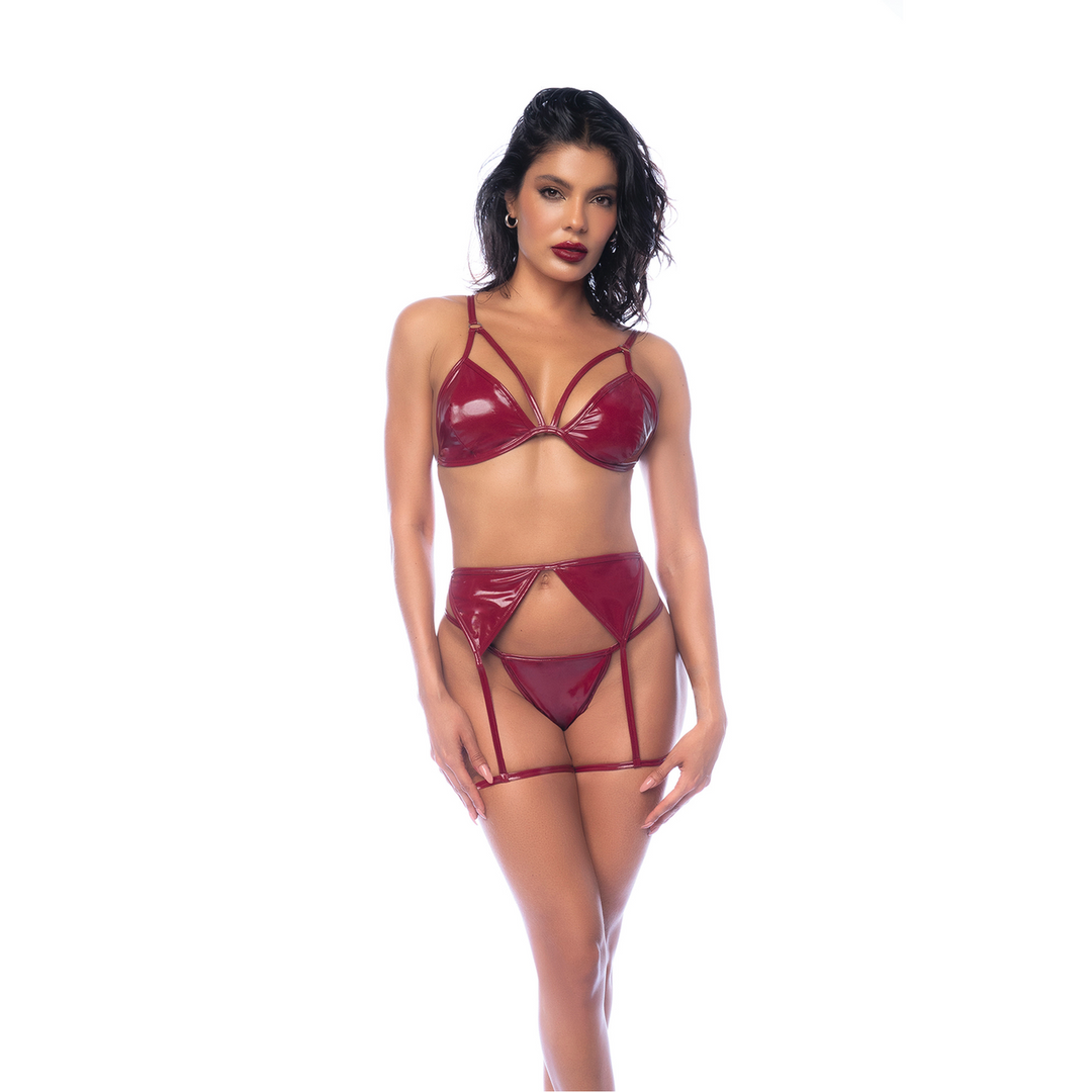 Three Piece Bra Set - S - Gloss Wine Red
