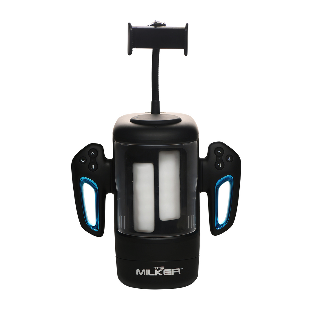 Cyber Milker - Stroking and Vibrating Masturbator with Phone Holder - Tranparent/Black