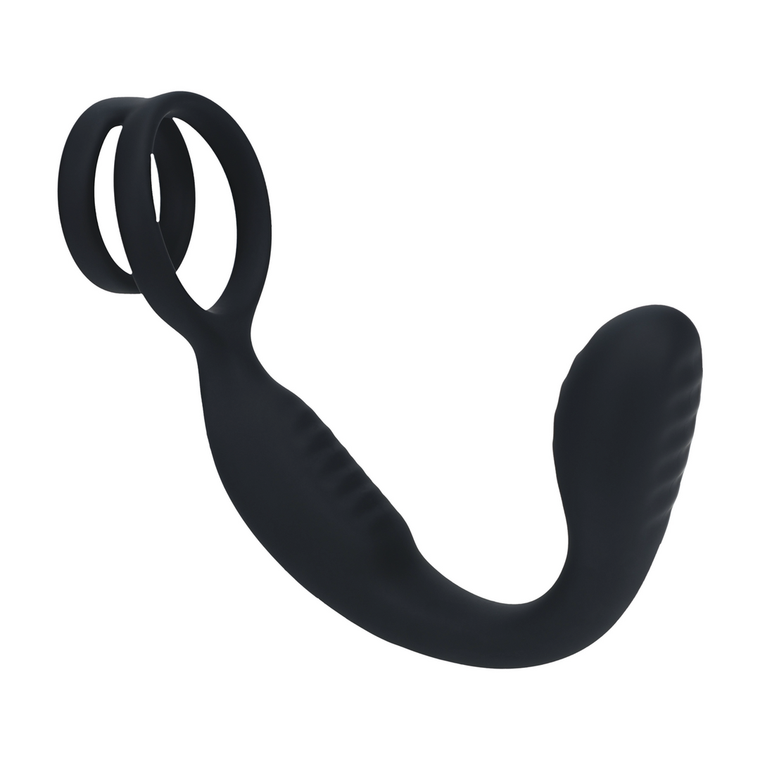 Vibrating Silicone Prostate Stimulator with Cock and Ball Ring - Black