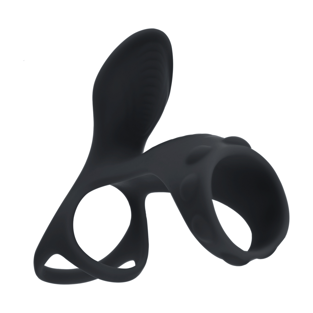 Vibrating Silicone Cock and Ball Ring with Shaft Loop - Black