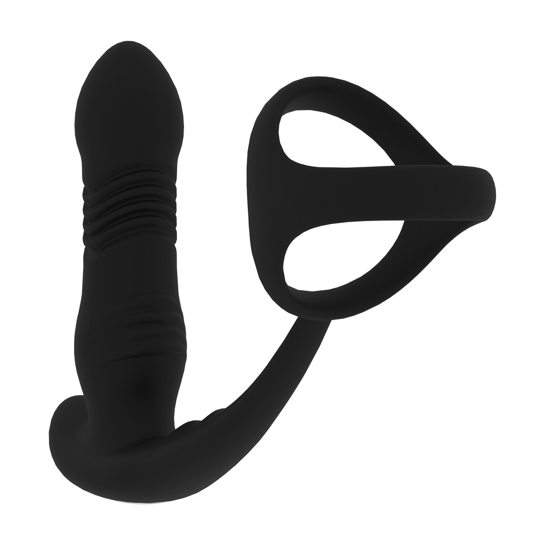 Vibrating and Thrusting Silicone Prostate Massager with Tri O Cockring - Black